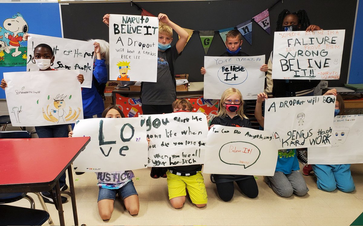LBagunu1's tweet photo. Anime club discussed the positive messages from their favorite shows. Then they created posters to share those messages with their classmates. #wsebulldogs #isdstrong https://t.co/FxPaNofgmr