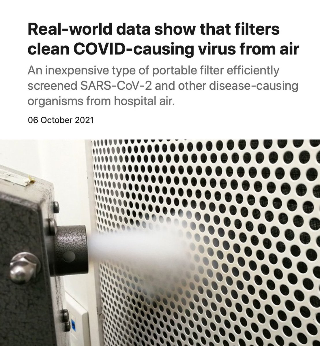 "Portable air filters effectively remove #SARSCoV2 particles from the air — the first such evidence in a real-world setting"
#COVIDisAirborne the value of inexpensive high-efficiency particulate air (HEPA) filters
nature.com/articles/d4158… @nature