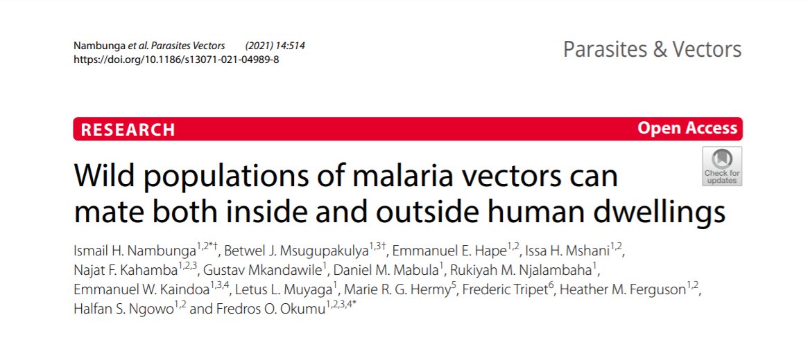 📢Congrats to <a href="/NambungaIsmail/">Ismail NAMBUNGA</a> &amp; team on paper describing innovative combination of complementary field &amp; semi-field studies that provide new evidence that major African malaria vectors mate inside houses as well as outdoors. Textbooks will need an update! doi.org/10.1186/s13071…