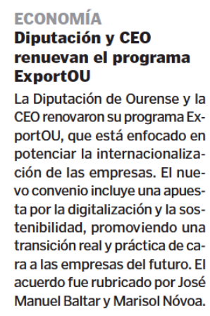 DeputacionOU's tweet photo. 🗞 @VozOurense "Diputación de Ourense y CEO renuevan el programa de internacionalización de empresas" 
#Exportou se centra en la digitalización y sostenibilidad
https://t.co/b5pTrrPoAI https://t.co/VIxGBCXn9F