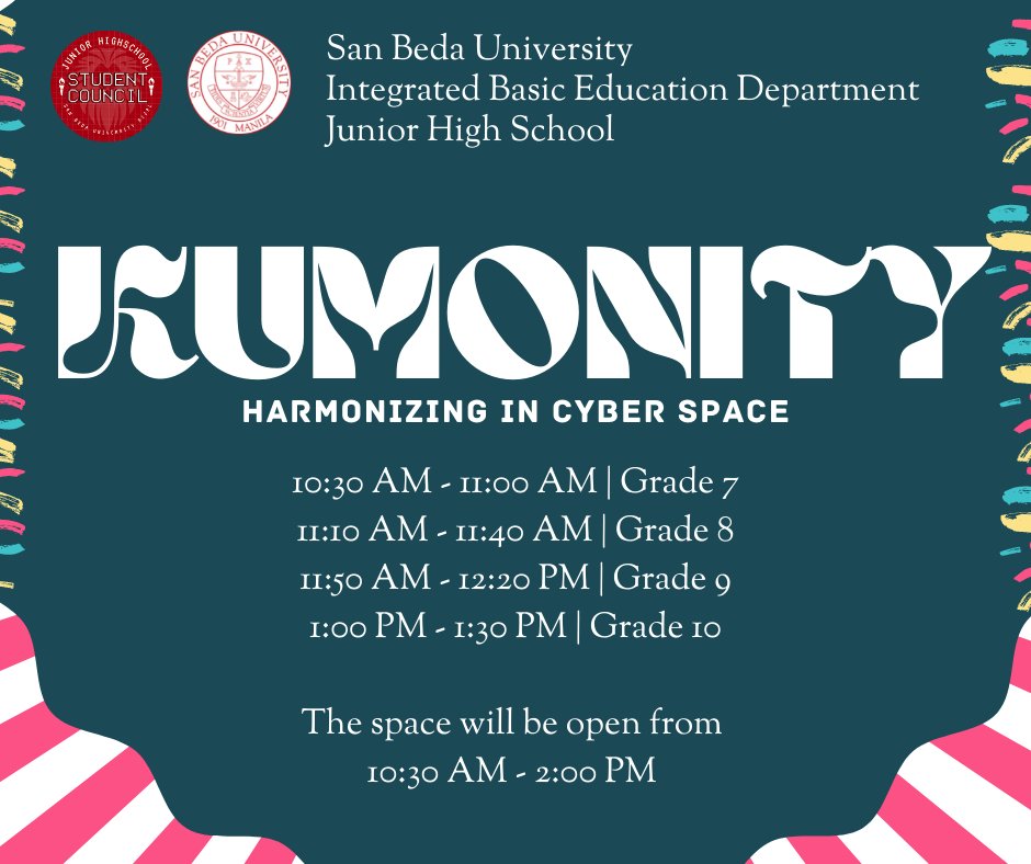 SBURjhsSC's tweet photo. Ring ring! 📞 You have entered the room, why don't you stay awhile?

The JHS Student Council, in collaboration with the Subordinate Committee and with the supervision of Mrs. Patricia Tekchandani, invites you to join us on October 8, 2021, as we take a trial run on Kumospace. 👀 https://t.co/T6xCb7RUZx