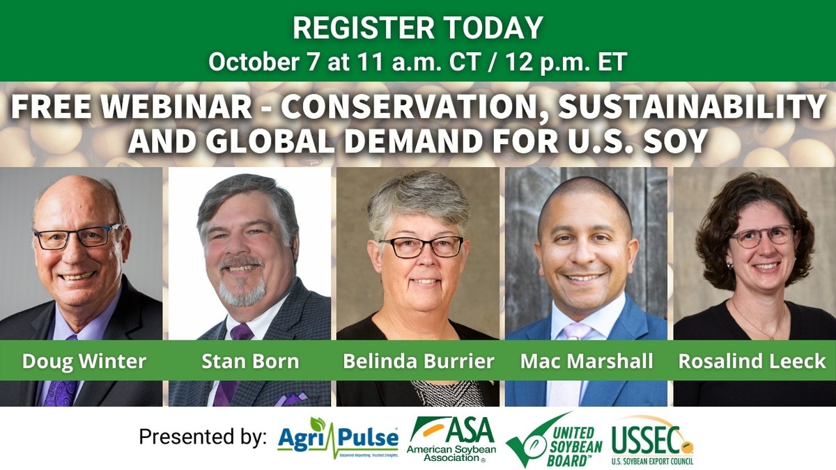American Soybean Association (@asa_soybeans) on Twitter photo ❗❗ TODAY: Join ASA, <a href="/agripulse/">Agri-Pulse Communications</a>, <a href="/UnitedSoy/">United Soybean Board</a> & <a href="/USSEC/">USSEC</a> at 11 a.m. CST for a free webinar exploring #conservation, #sustainability & global demand for #USSOY. 🌱Sign up here >> ow.ly/2BwX50GmlHn ❗❗ TODAY: Join ASA, <a href="/agripulse/">Agri-Pulse Communications</a>, <a href="/UnitedSoy/">United Soybean Board</a> & <a href="/USSEC/">USSEC</a> at 11 a.m. CST for a free webinar exploring #conservation, #sustainability & global demand for #USSOY. 🌱Sign up here >> ow.ly/2BwX50GmlHn