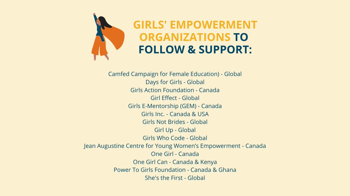 1/2 As International #DayOfTheGirl (Oct 11) approaches we'd like to share a list of some wonderful organizations in Canada and around the world to follow and support who are working to empower #girls to live safe, healthy and happy lives and achieve their dreams: