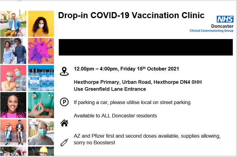 There is a COVID-19 Vaccination Clinic at school on the 15th October between 12-4pm.  The clinic is open to everyone. #community #WeAreAstrea <a href="/astreaacademies/">Astrea Academy Trust</a> @doncasterccg