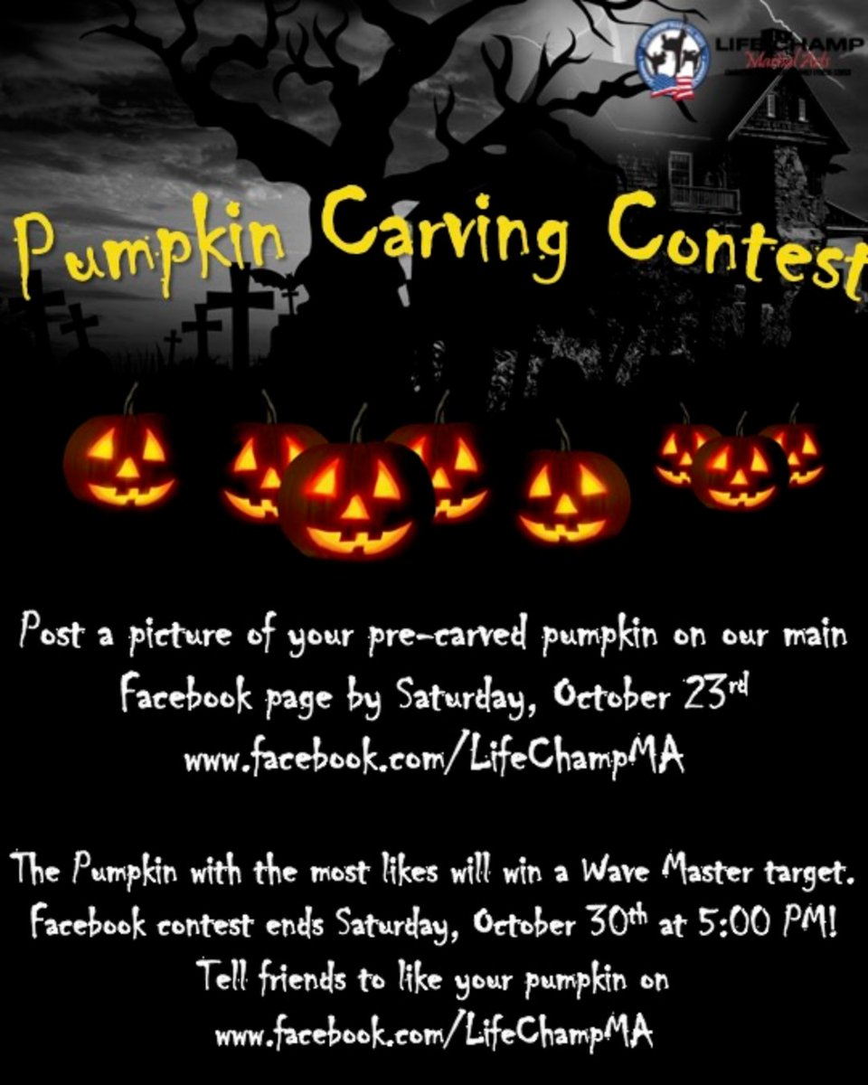 LifeChampMA's tweet photo. It's time for our annual Pumpkin Carving Contest! 🎃 Post a picture of your pumpkin on our Facebook Page by Saturday, October 23rd and make sure all of your friends LIKE the picture! The pumpkin with the most likes by October 30th at 5:00pm will win a WAVE MASTER TARGET! 🤩 https://t.co/4YK5wE10yX