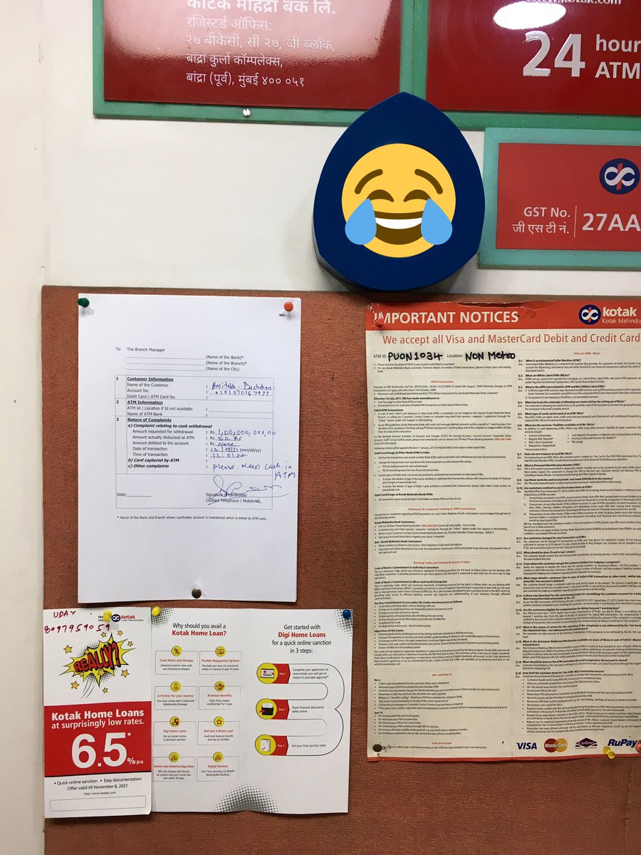 Neekheelnahar's tweet photo. Came across this funny note on notice board of one of the Kotak ATM’s in Pune. Still thinking if this is a joke or a piece of information 😂 
Wondering why @SrBachchan needs to withdraw money when he can buy the bank himself. What are your thoughts @KotakBankLtd @udaykotak https://t.co/G0qprv4vja