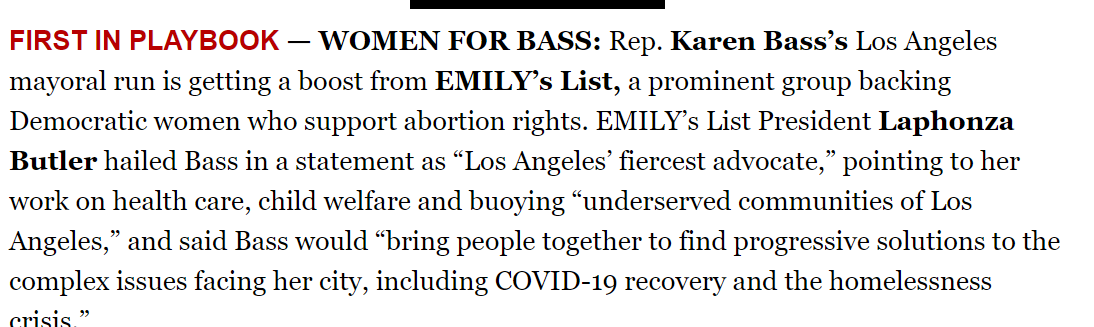 JeremyBWhite's tweet image. ICYMI: @KarenBassLA mayoral run gets a boost from @emilyslist 

politico.com/tipsheets/cali…