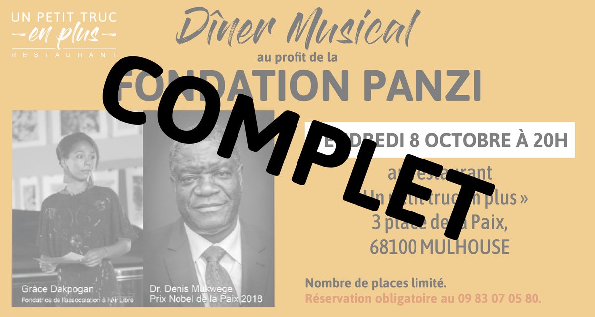 petittrucenplus's tweet photo. #MERCI à toutes les personnes qui nous ont contacté pour réserver leurs places pour le dîner musical et caritatif de demain soir au profit de la Fondation Panzi 🙏😍💛. Notre restaurant est désormais #complet et nous ne pouvons plus prendre de réservations supplémentaires❎. https://t.co/ghCT7tNWvH