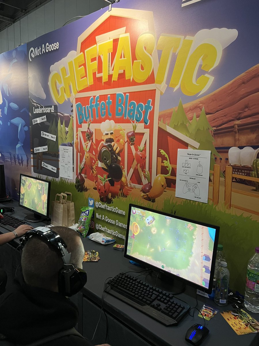 GamesShed's tweet photo. Want to shoot vegetables in a top down Smash Tv style game? Cheftastic is the game for you 😂😂@CheftasticGame #egx #egx2021 https://t.co/FcP6S8RduN