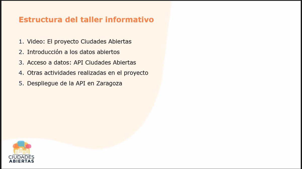 Esta es la estructura del taller informativo de hoy:

Os podéis conectar ahora mismo, por esta url: upm.zoom.us/j/84327518300?…
#CiudadesAbiertas #DatosAbiertos #Vocabularios