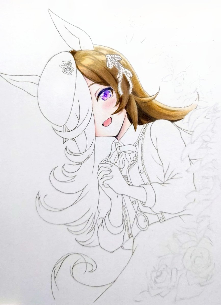 もっこりん V Twitter ライスちゃん塗り始めたけど久々すぎて塗り方忘れた ˊ W ˋ 思った色が出ない が嫌いではないと前向きに考える E 悩みながら塗ってきます ライスシャワー ウマ娘 色鉛筆 模写 アナログ絵 絵描きさんと繋がたい T Co