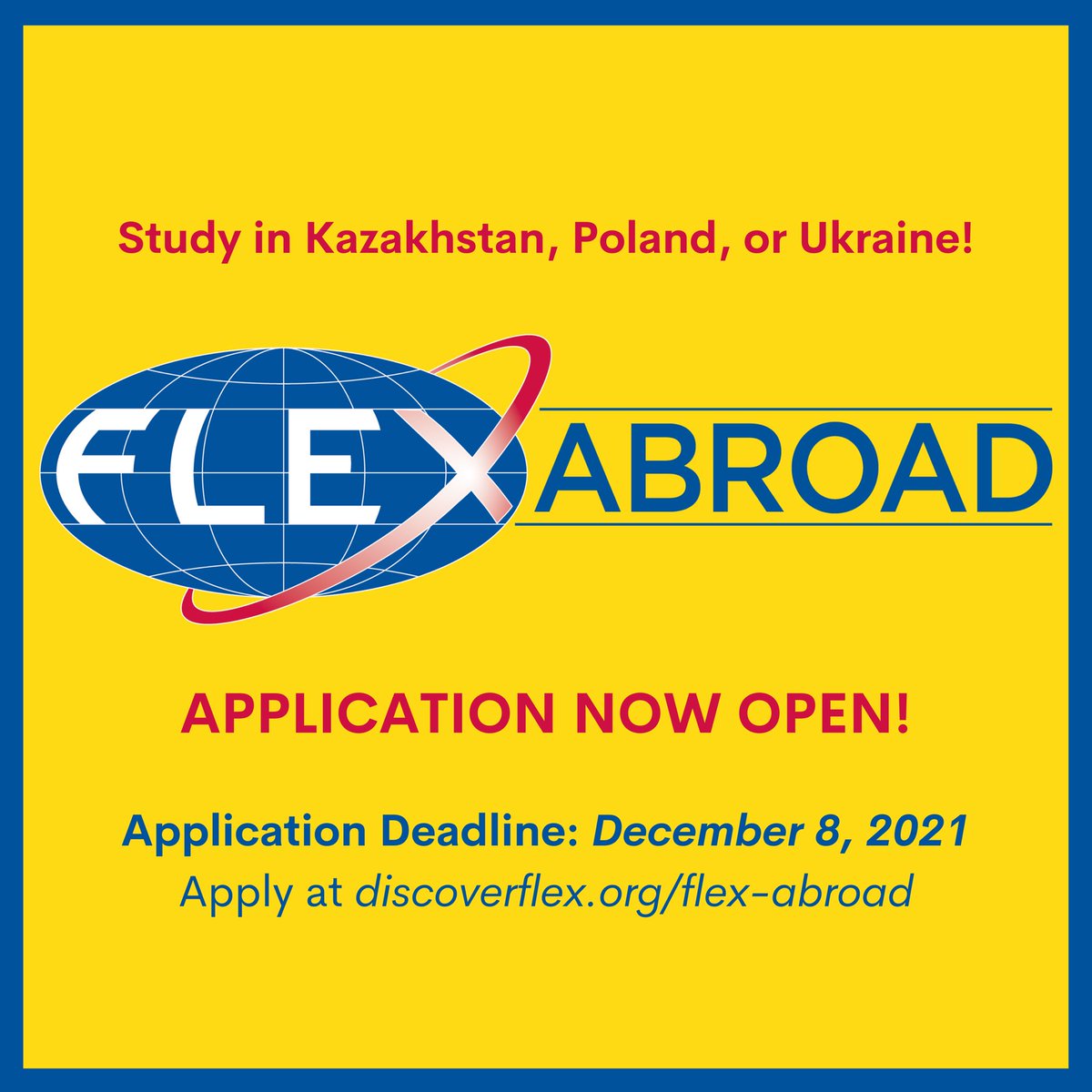 🚨Attention adventurous American high school students!! The 𝗙𝗟𝗘𝗫 𝗔𝗯𝗿𝗼𝗮𝗱 application is NOW OPEN!🚨 The deadline to apply is Wednesday, December 8, 2021. 🔗 Visit discoverflex.org/flex-abroad for the application and more information!⁣