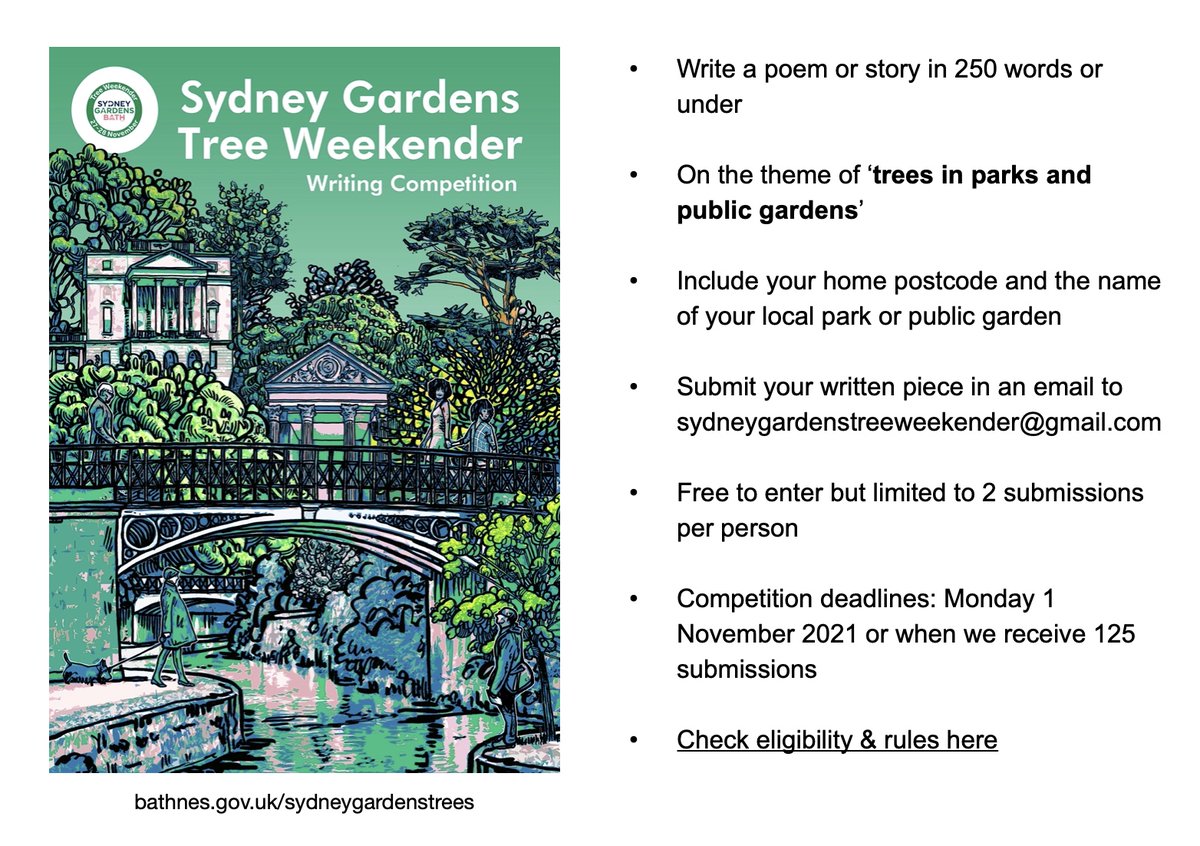It's #NationalPoetryDay - pitch in to our #free #competition to #write about #trees in #parks and public #gardens bathnes.gov.uk/sites/default/… If you have a #tree #story, you can enter that too! <a href="/BathnesParks/">B&NES Parks & Events</a> #Bathtreeweekender #sydneygardensbath