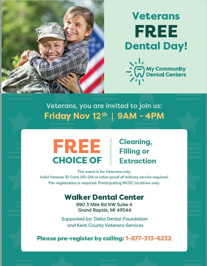 KentCoVetsSvcs's tweet photo. @McdcDental has a location in Walker that is offering a free dental day!! Give them a call to register for some free services on November 12th! #kcvs #mcdc #veterandental https://t.co/C8zqWP9PRa