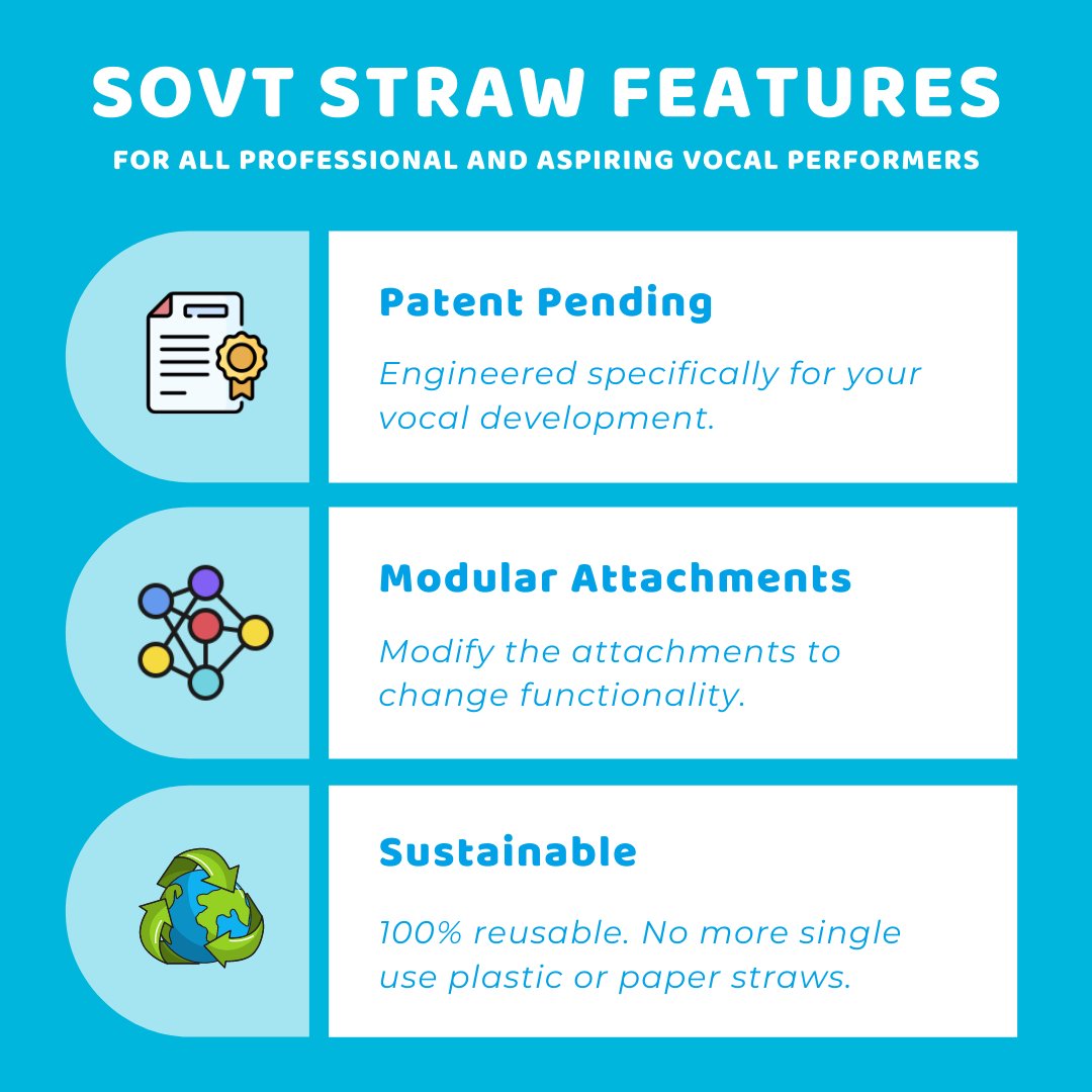Checkout these features of our SOVT Straw, making them a superior choice over normal straws for vocal training:

📑  Patent Pending
🧱 Modular Attachments
🌍 Sustainable

#sovt #singingstraw #sovtstraw #voicetips #singingtips #learntosingbetter