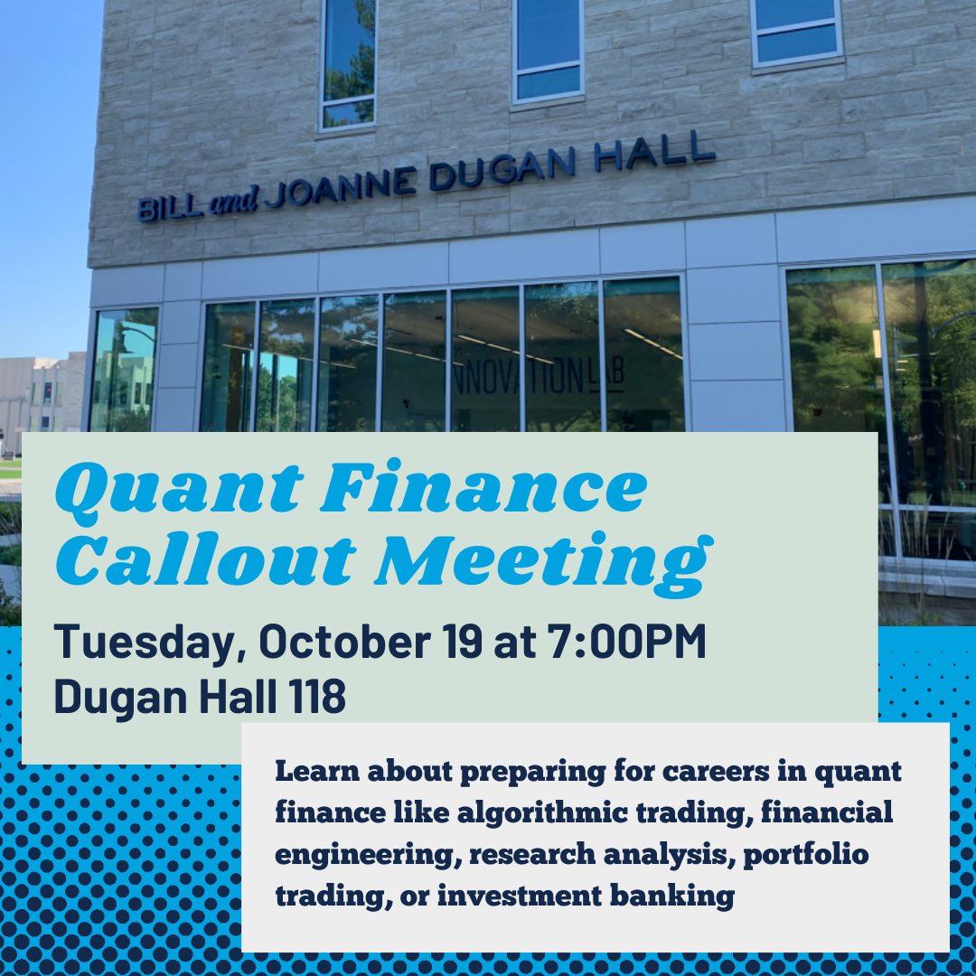 Interested in #quant #finance? Come to an info session on 10/19 at 7:00PM in DH118. Butler alum Bryan Fawcett will describe his career route into algo trading, and we’ll discuss registration, grad school, and how to prepare for careers in this growing area of finance! #ButlerU