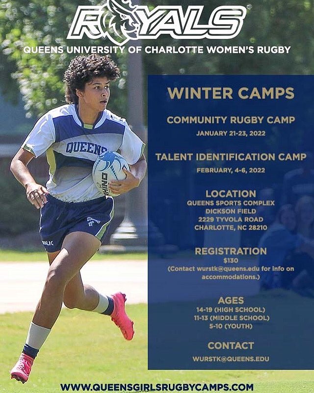 It’s Winter Rugby Camp Time! Due to popular demand, we are offering 2 camps to provide options for all to attend. No need to worry if you have a match, we can customize the experience to work with busy schedules. Contact Coach Katie at wurstk@queens.edu if you have any questions.