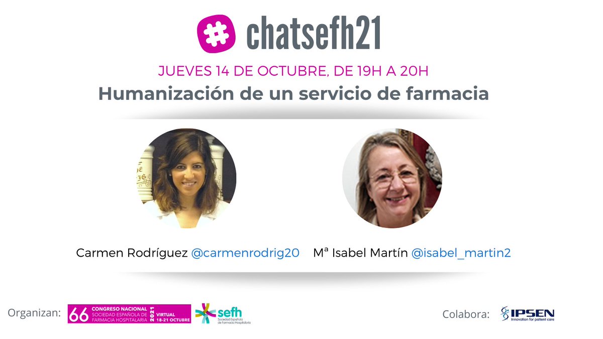 S.E.F.H (@sefh_) on Twitter photo El jueves 14 de octubre de 19h a 20h podremos debatir sobre👉 "Humanización de un servicio de farmacia" de la mano de:
<a href="/carmenrodrig20/">Carmen Rodríguez</a> de <a href="/farma_gregorio/">S. Farmacia Gregorio</a> e <a href="/isabel_martin2/">M. Isabel Martín Herranz</a> de <a href="/FarmaCHUAC/">Serv. Farmacia CHUAC</a> dos servicios de farmacia punteros en este campo
No olvides utilizar el hashtag #chatsefh21 El jueves 14 de octubre de 19h a 20h podremos debatir sobre👉 "Humanización de un servicio de farmacia" de la mano de:
<a href="/carmenrodrig20/">Carmen Rodríguez</a> de <a href="/farma_gregorio/">S. Farmacia Gregorio</a> e <a href="/isabel_martin2/">M. Isabel Martín Herranz</a> de <a href="/FarmaCHUAC/">Serv. Farmacia CHUAC</a> dos servicios de farmacia punteros en este campo
No olvides utilizar el hashtag #chatsefh21