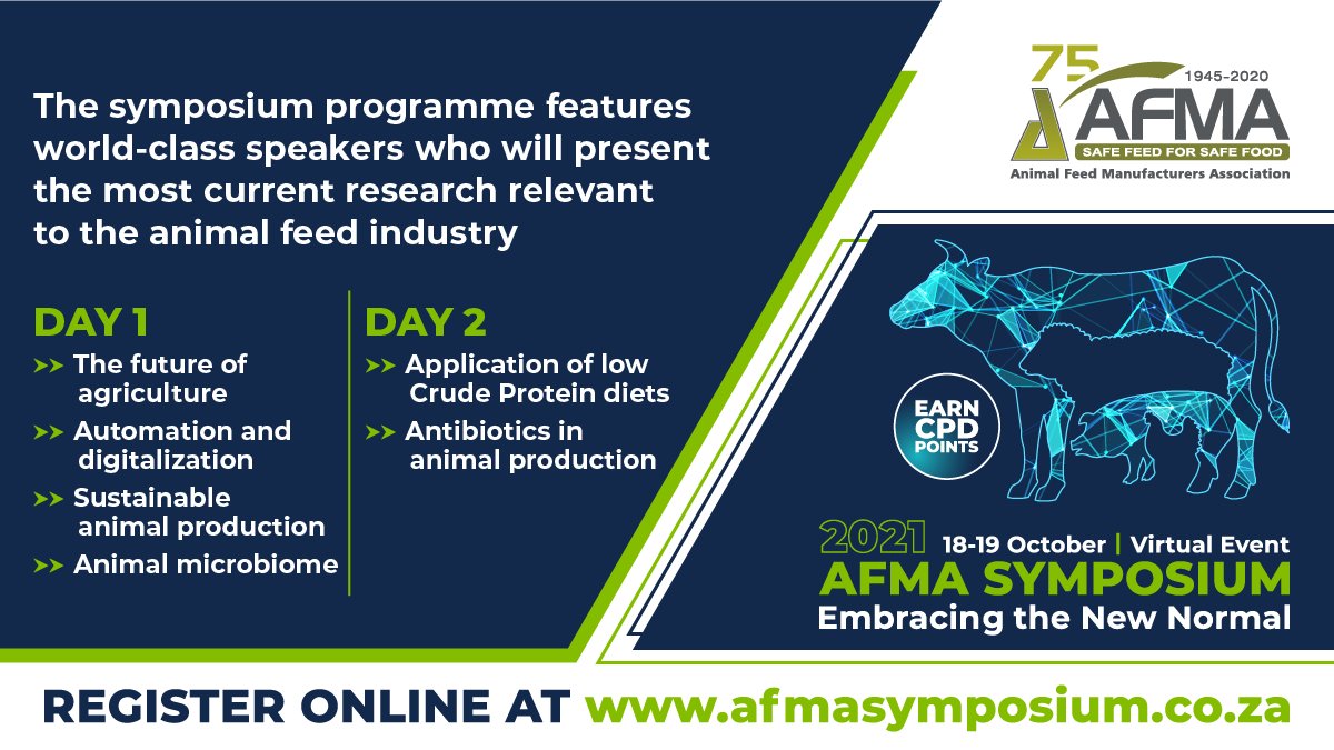 afmasouthafrica's tweet photo. We have just reached 300 registrations for the 2021 virtual #afmasymposium: 'Embracing the new Normal'. It will bring together leading voices from the global animal feed industry.
Not yet registered? There's still time to book at https://t.co/PeYfosgAcg
#animalnutrition https://t.co/Pp3vMw5SDu
