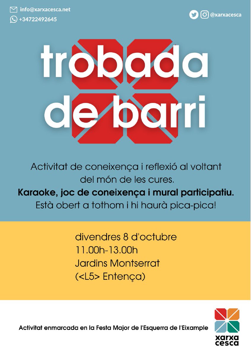 Demà no us perdeu l'activitat que organitza la comissió de cures de la Xarxa Cesca!😊🏵️

🌟➡️Hi haurà música, pica-pica i tallers per a totes les edats com el mural participatiu i una activitat de coneixença que agradarà a tothom!

💚Som barri, fem comunitat!