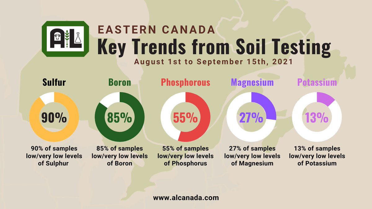 Test your soils now to optimize your fertility plans for the spring!

Eastern Canada Key Trends from #SoilTesting:

   S  ➡️90% of samples low/very low levels
   B  ➡️85% -> low/very low
   P  ➡️55% -> low/very low
Mg  ➡️27% -> low/very low
   K  ➡️13% -> low/very low

#EastCdnAg