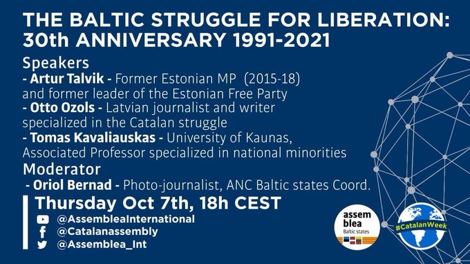 assemblea's tweet image. ⬛️⬜️📢 Avui, més actes de la #CatalanWeek:

📍 18 h | @ANCbalticstates amb @ArturTalvik, @OttoOzols i Tomas Kavaliauskas.

📍 18.30 h | @ANCEuskalHerria amb @AlbanoDante76.

📍 19.30 h | @AncMadrid i @animalistesANC amb Natividad Corral i @mjmata__.