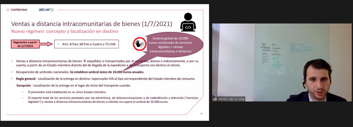 AEDAFCAT's tweet photo. 💻En directe a la sessió sobre #Ecommerce: règims especials de la Unió (#UOSS) i d' #importació (#IOSS) a efectes de l' #IVA amb HECTOR DE URRUTIA de @Cuatrecasas
@AEDAF #AEDAF #AEDAFCAT #ComercioElectrónico #AsesoresFiscales #ImportOneStopShop #OneStopShop https://t.co/lQ61bXvHKW