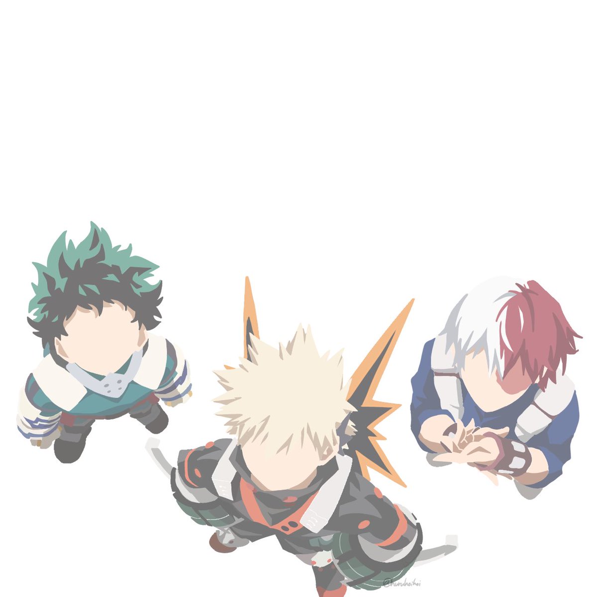 bakugou katsuki ,midoriya izuku ,todoroki shouto multiple boys male focus blonde hair red hair 3boys green hair two-tone hair  illustration images