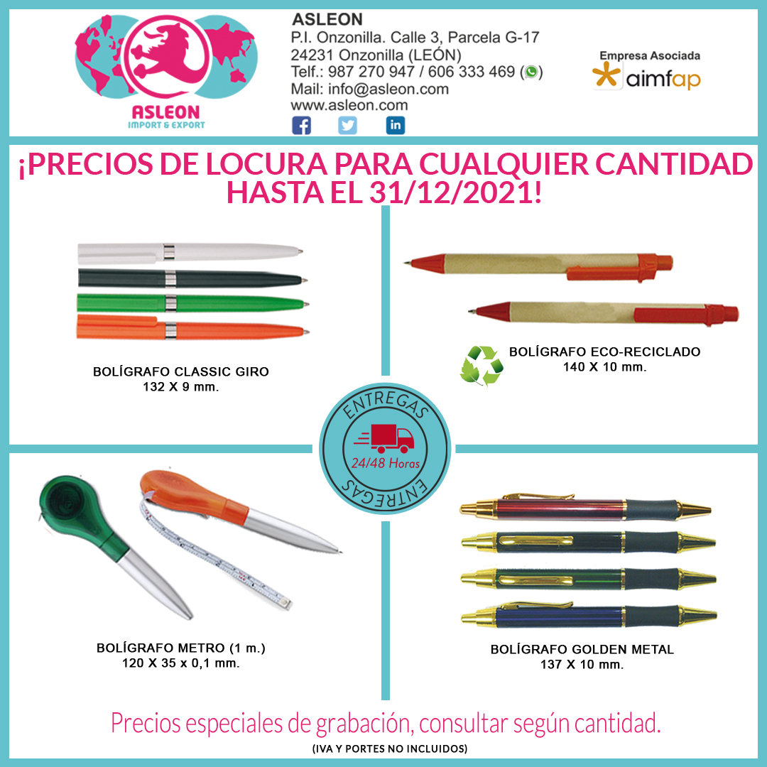 ASLEON_SL's tweet image. 📣PRECIOS DE LOCURA 🔝 en algunos Bolígrafos 🖊️ de nuestra colección.

🖥asleon.com

#DejamosHuella 🐾 | @aimfap | #PromotionalItems | #PromotionalGifts | #Leonesp 🦁 | #Boligrafos