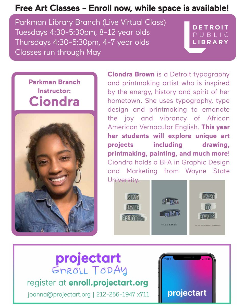 Detroit Library (@detroitlibrary) on Twitter photo Meet Ciondra Brown! Ciondra is the <a href="/projectartusa/">ProjectArt</a> instructor for the Parkman Branch virtual classes. Classes are on Tuesdays from 4:30 - 5:30pm for 8-12 year olds and on Thursdays from 4:30 - 5:30pm for 4-7 year olds.
Parkman still has space available: projectart.org Meet Ciondra Brown! Ciondra is the <a href="/projectartusa/">ProjectArt</a> instructor for the Parkman Branch virtual classes. Classes are on Tuesdays from 4:30 - 5:30pm for 8-12 year olds and on Thursdays from 4:30 - 5:30pm for 4-7 year olds.
Parkman still has space available: projectart.org