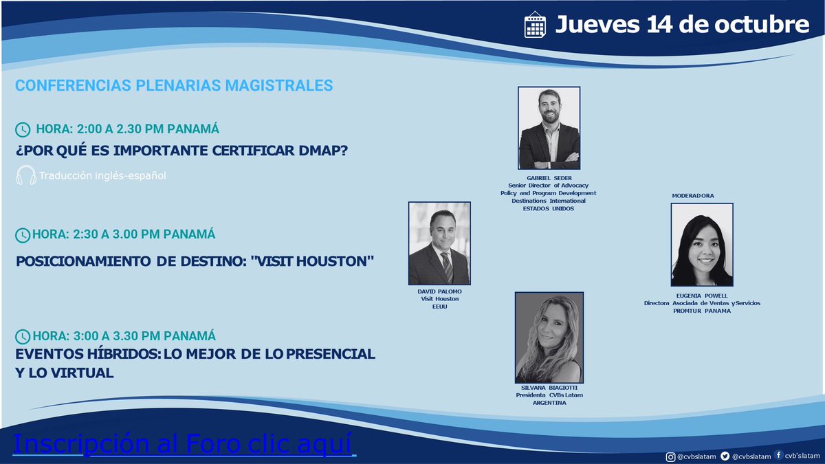 Buró De Convenciones (@guatemalacvb) on Twitter photo Durante el Foro Internacional de #IndustriaDeReuniones organizado por <a href="/CvbsLatam/">CVBS LATAM</a> las conferencias del 14/oct Por qué es importante certificar DMP? Posicionamiento de destino, Eventos híbridos Registro: expodestinos.com/node/354051?de…
#MeetingsGuatemala Durante el Foro Internacional de #IndustriaDeReuniones organizado por <a href="/CvbsLatam/">CVBS LATAM</a> las conferencias del 14/oct Por qué es importante certificar DMP? Posicionamiento de destino, Eventos híbridos Registro: expodestinos.com/node/354051?de…
#MeetingsGuatemala