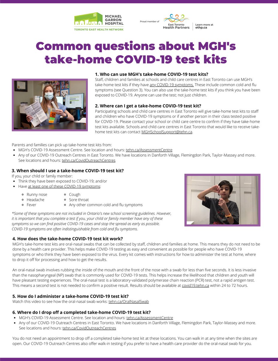 MGHToronto's tweet photo. Who can use MGH's take-home COVID-19 test kits? How do these kits work? And when should they be used? Get answers to these questions and more in our FAQ: https://t.co/CCUEbPo2oa https://t.co/x0IX0BQEnb