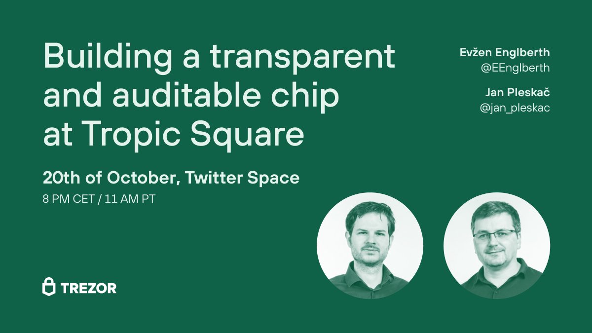 In the second week, on Wednesday 20th, we will talk to Tropic Square co-founders <a href="/EEnglberth/">Evžen Englberth</a> and <a href="/jan_pleskac/">Jan Pleskac</a> about chip design and <a href="/tropicsquare/">Tropic Square 🌴🔲</a>'s secure element development progress.