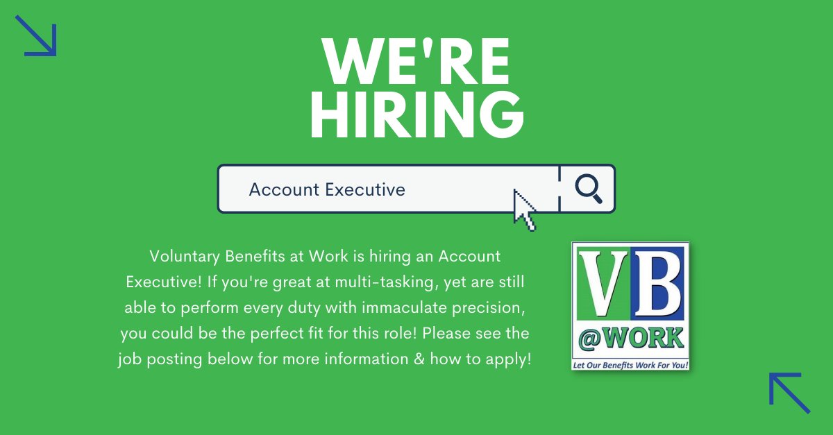 briandely's tweet photo. Join our team! We are currently hiring an Account Executive! Are you a serious, direct, and analytical person comfortable taking the lead? If so, you could be perfect for this role! To learn more and apply, click here: https://t.co/s2sbvU53PC #VoluntaryBenefitsAtWork #JobPosting https://t.co/k15pxoanOU
