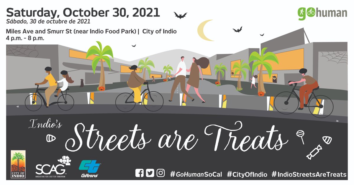CityofIndio's tweet photo. 🛣️🍬What would Miles Avenue look like with lots of foot and bicycle traffic? Come by #IndiosStreetsAreTreats on Oct. 30 for a fun and interactive pop-up with food, activities and public art. https://t.co/lI7HjHnoVT #CityofIndio #GoHumanSoCal https://t.co/UdnyMS1mUb