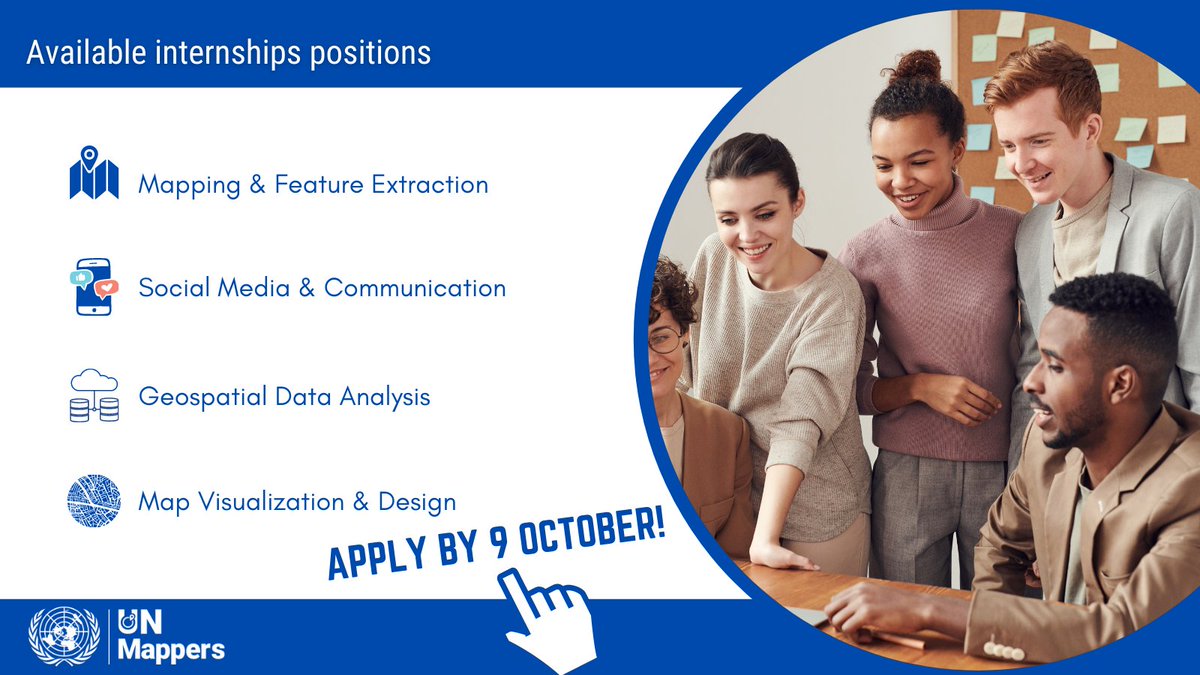 UN_Mappers's tweet photo. 📣Last days to apply to our #Internship Programme!
🇺🇳 We are looking for enthusiastic, motivated and talented people from all over the world to join our team.
📆Apply by 9 October 2021
➡️https://t.co/h3XgktCxKd

@gischatbot #UnitedNations #careers https://t.co/oEOPlBmJmE