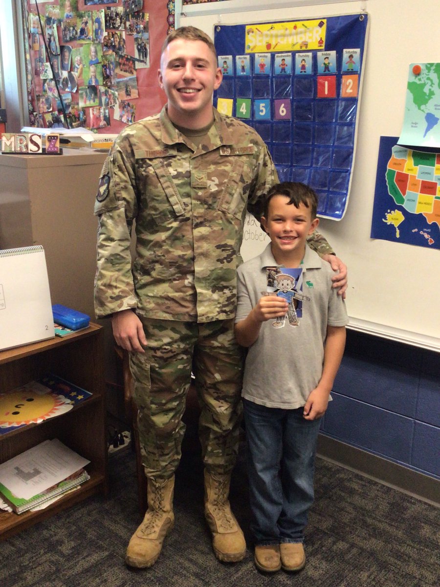 2ndwithMrsZ's tweet photo. We had a special guest visit us all the way from the Air Force in Arizona!  Thank you Jacob Thomas for coming to tell us about Flat Stanley’s visit as well &amp; answer all of our questions about the Air Force! Especially thank you for your service &amp; helping to protect all of us! https://t.co/wSICbIkklg