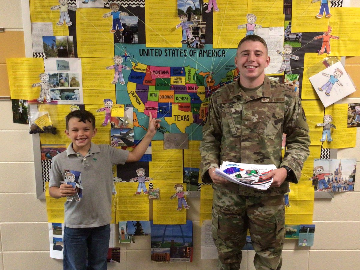 2ndwithMrsZ's tweet photo. We had a special guest visit us all the way from the Air Force in Arizona!  Thank you Jacob Thomas for coming to tell us about Flat Stanley’s visit as well &amp; answer all of our questions about the Air Force! Especially thank you for your service &amp; helping to protect all of us! https://t.co/wSICbIkklg