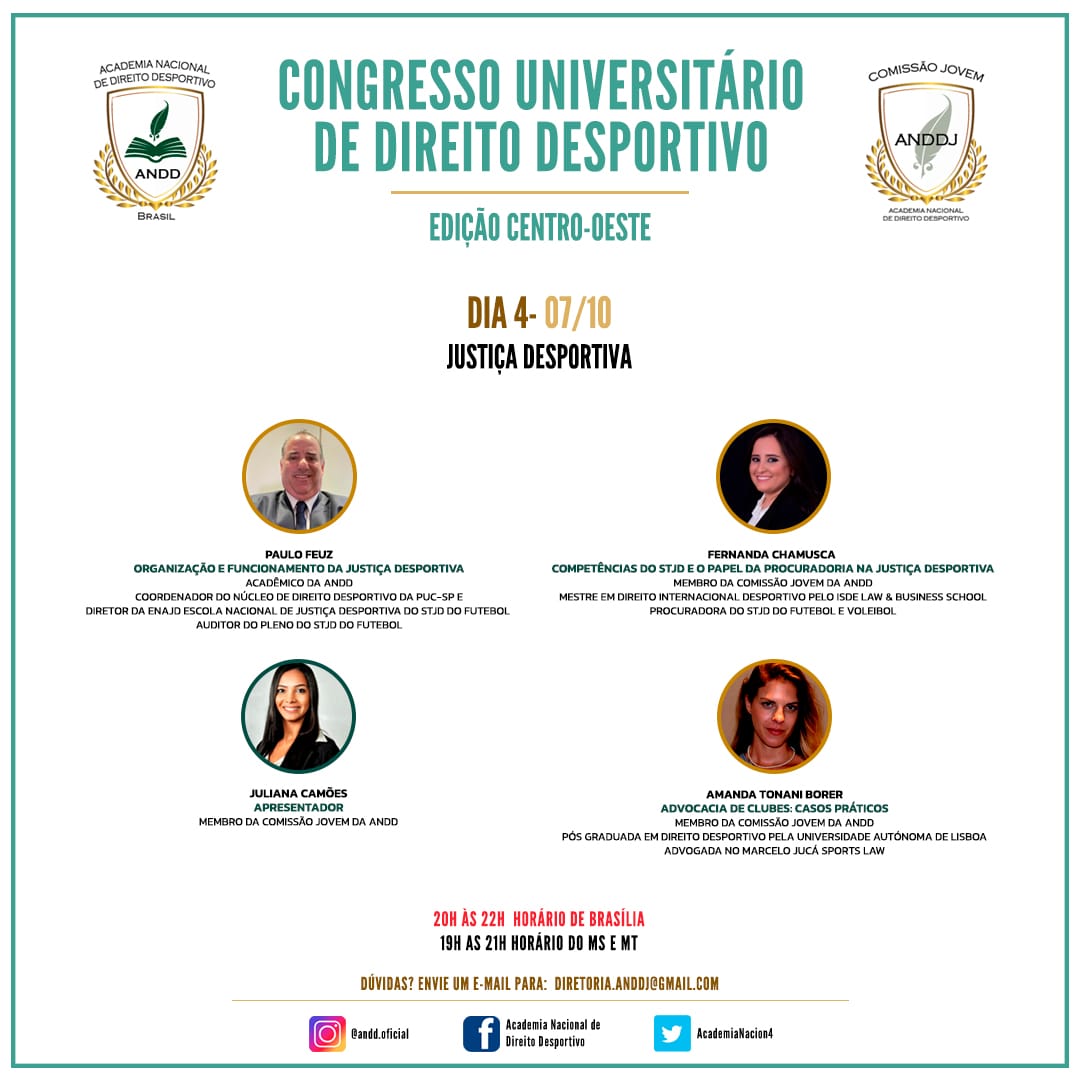 Hoje teremos o último dia do Congresso Universitário de Direito Desportivo. 
Com a temática JUSTIÇA DESPORTIVA,  vamos ter um encontro com o Acadêmico Dr. Paulo Feuz e representando a Comissão Jovem ANDDJ, Dra Fernanda Chamusca, Dra Amanda Borer e Dra Juliana Camões. 
😉