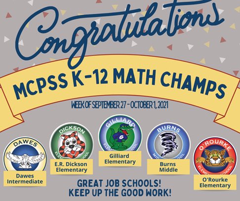 Congratulations to our @MobilePublicSch @HMHCo Math Champs for this week: @DicksonTigers @ORourkeES @gilliard_gators @DawesPrincipal @trail_blazers18. Well done students, teachers and administrators! #StayStrong in your commitment to math achievement!