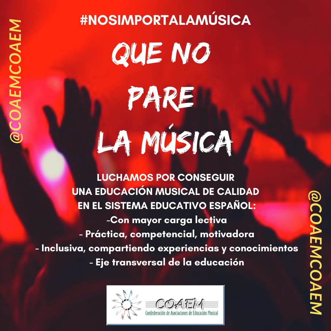 coaemcoaem's tweet photo. ‼️QUÉ NO PARE LA MÚSICA ‼️

En esta época de cambio legislativo a cargo del @educaciongob seguimos trabajando para dar visibilidad y fuerza a una de las asignaturas versátiles de nuestro sistema educativo.
Porque #nosimportalamusica queremos una #educaciónmusical de calidad. https://t.co/prf5ZZkCaV