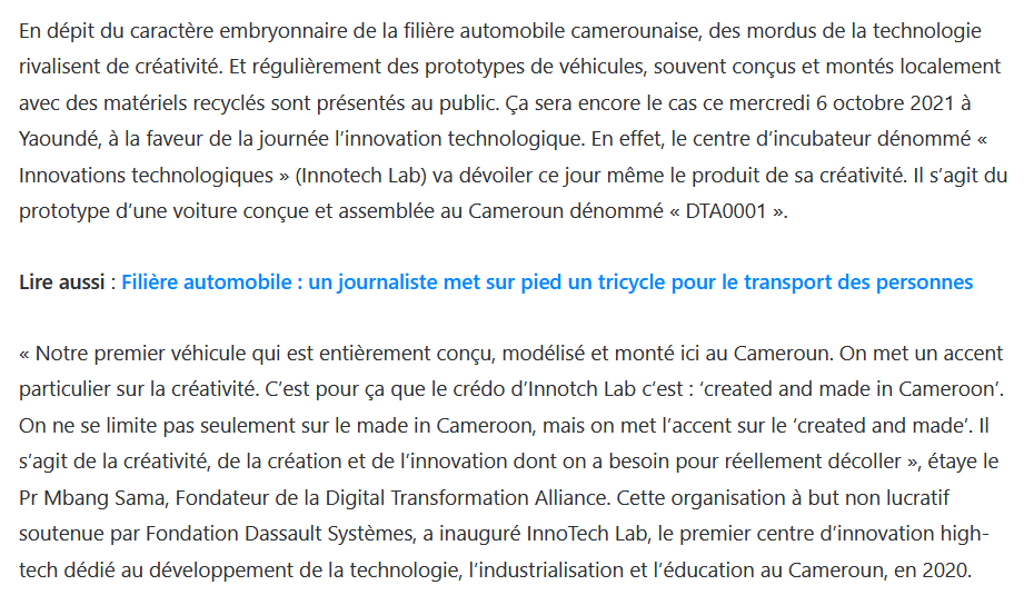 jtchoufang's tweet photo. @CRTV_web [UPDATE] Faute de réaction de votre part, je suis allé à la pèche aux informations et voici ce qu'il en ressort...
C'est un centre technologique #InnotechLab basé à Mvan qui a "conçu, modélisé et monté" ce véhicule.
Cet article annonçait sa présentation.. 
https://t.co/D568LIgsxR https://t.co/HPyDsOFv25