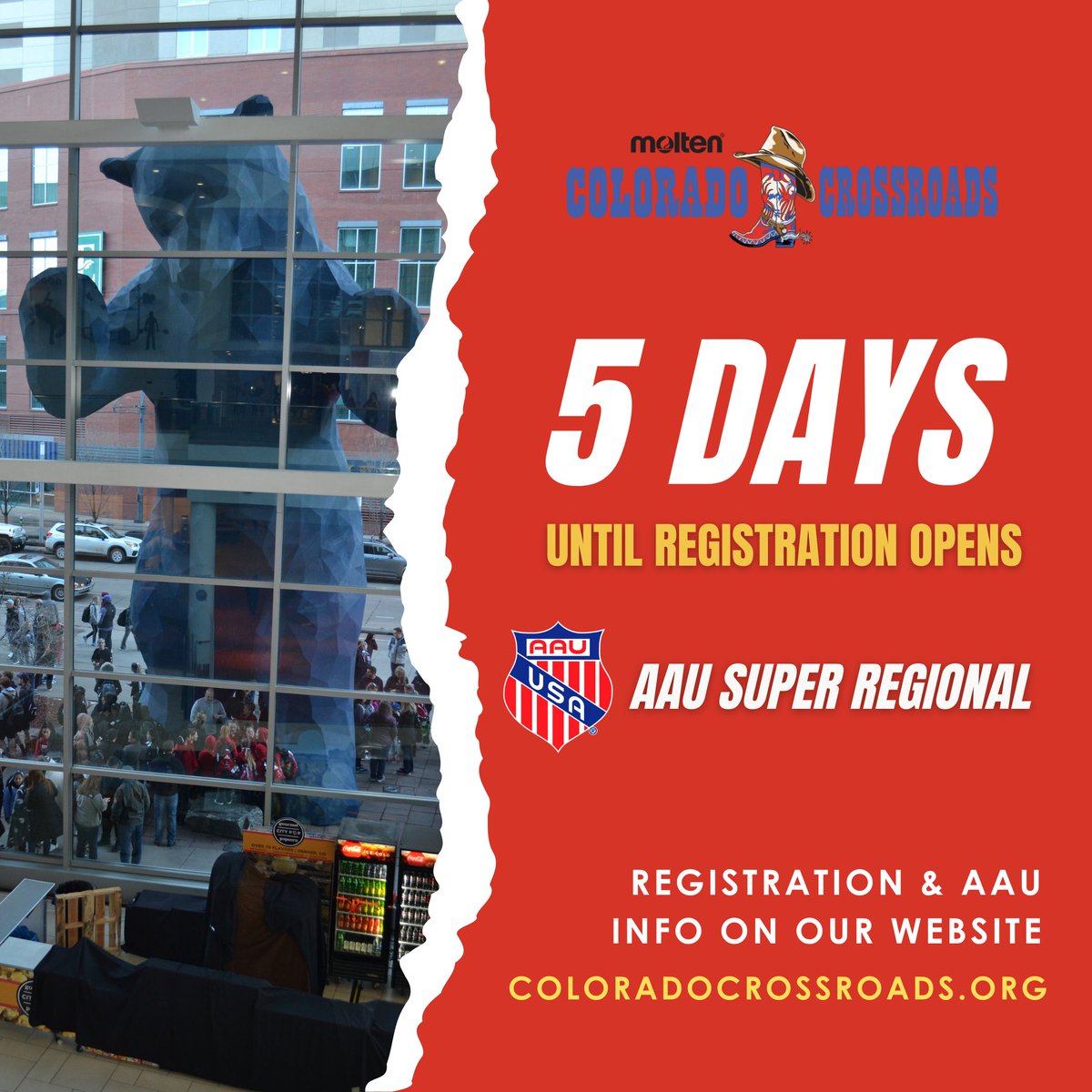 The Blue Bear can't wait to host the 2022 Colorado Crossroads Girls’ Junior AAU Super Regional Tournament at the Colorado Convention in the heart of downtown Denver!  5 days until registration opens on Tuesday, Oct. 12th @ 10:00am MST.  #XR2022 coloradocrossroads.org/team-registrat…