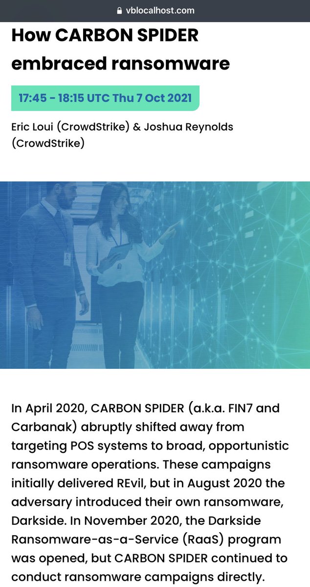 ItsReallyNick's tweet photo. Ok so… I just learned that @cglyer &amp; I will apparently be talking *simultaneously* with @invoke_eric &amp; @JershMagersh about the exact same threat actor. Exact same time of day – bit weird, right? 🤔
We’re at #CyberDefenseSummit – they’re at @virusbtn. Will be fun to see overlaps! https://t.co/90MQrZenwH