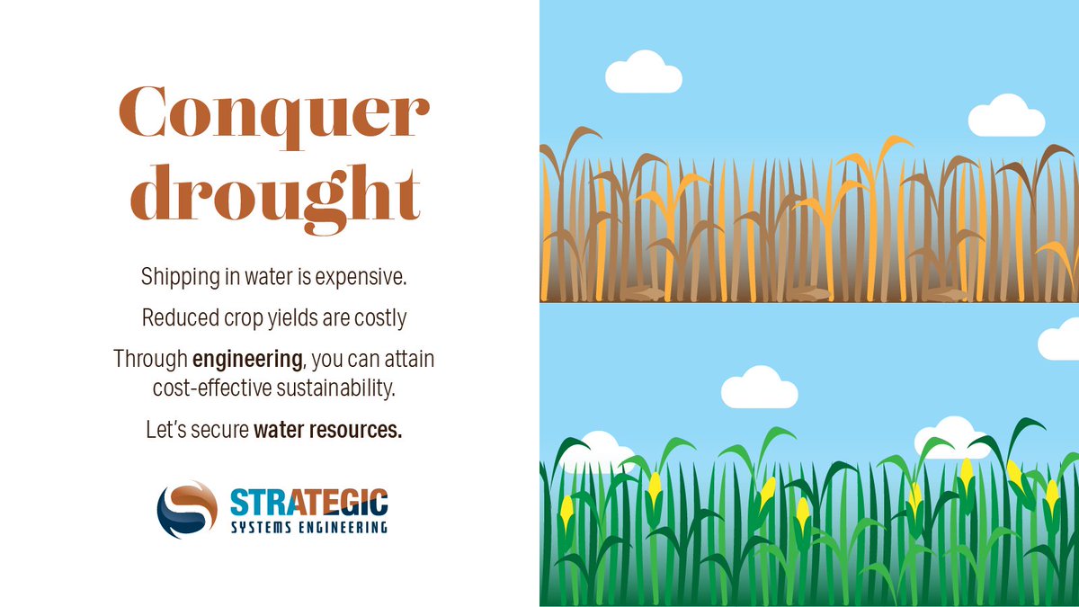 StrategicSysEng's tweet image. Conquer drought with #NatureBasedSolutions  

Shipping in #water is expensive. 

Reduced crop yields are costly. 

With #engineering, you can attain cost-effective #sustainability. 

Let's secure #waterresources. 

strategicsystemsengineering.ca