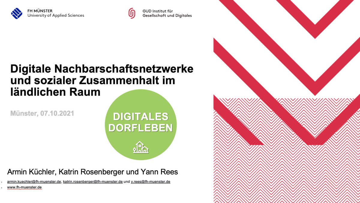 Heute hat <a href="/arkuechler/">arminkuechler</a> aktuelle Ergebnisse auf der #Herbsttagung der Sektion Stadt- und Regionalsoziologie in der <a href="/DGSoziologie/">DGS</a> vorgestellt. Thema war der Effekt von digitalen Nachbarschaftstnetzwerken und sozialer #Zusammenhalt im ländlichen Raum. 🏡