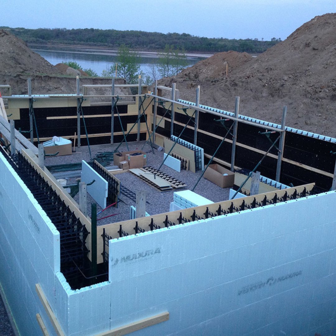 This build utilized <a href="/NUDURAICF/">NUDURA Insulated Concrete Forms</a> One-Series forms that results in concrete on one side &amp; insulation on other. This accomplished 2 goals: exposed architectural concrete walls inside basement &amp; increased thermal performance by bringing the thermal mass of the concrete to the inside.