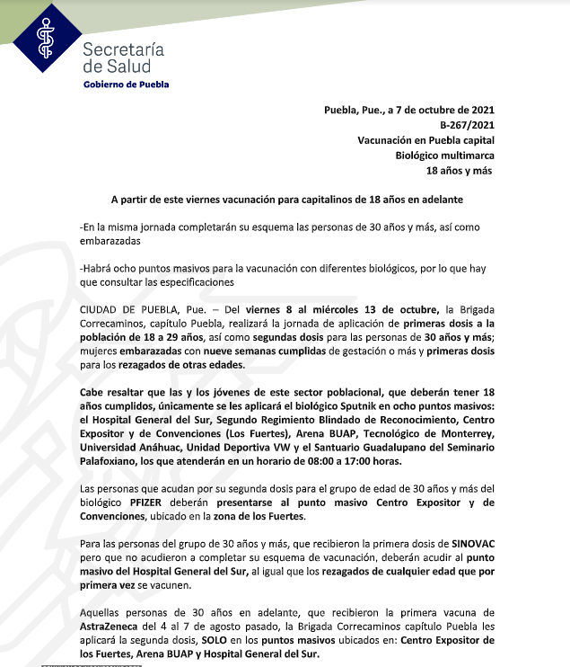 JCarlos_Valerio's tweet photo. Logística de vacunación par la población de #Puebla capital implementada por la Brigada Correcaminos. 

💉+18 (1.a dosis)
💉+30 y 🤰 (2.a dosis AstraZeneca)
💉Rezagados de otras edades (1.a dosis SinoVac)
💉Rezagados de otras edades (2.a dosis Pfizer, SinoVac) (1/2) https://t.co/TLrghqbEJ6