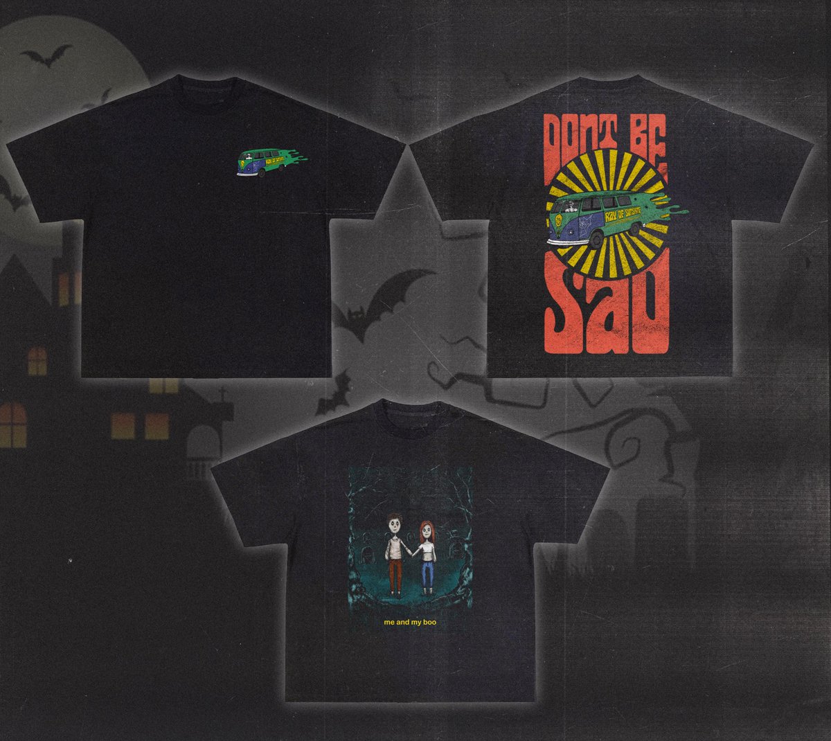 DontBeSadShop's tweet photo. its spooky szn.....🎃👻introducing "the spooky bus tee" and the "me and my boo" AVAILABLE NOW https://t.co/Wyh8l6L3Mz https://t.co/y93zr6e8no