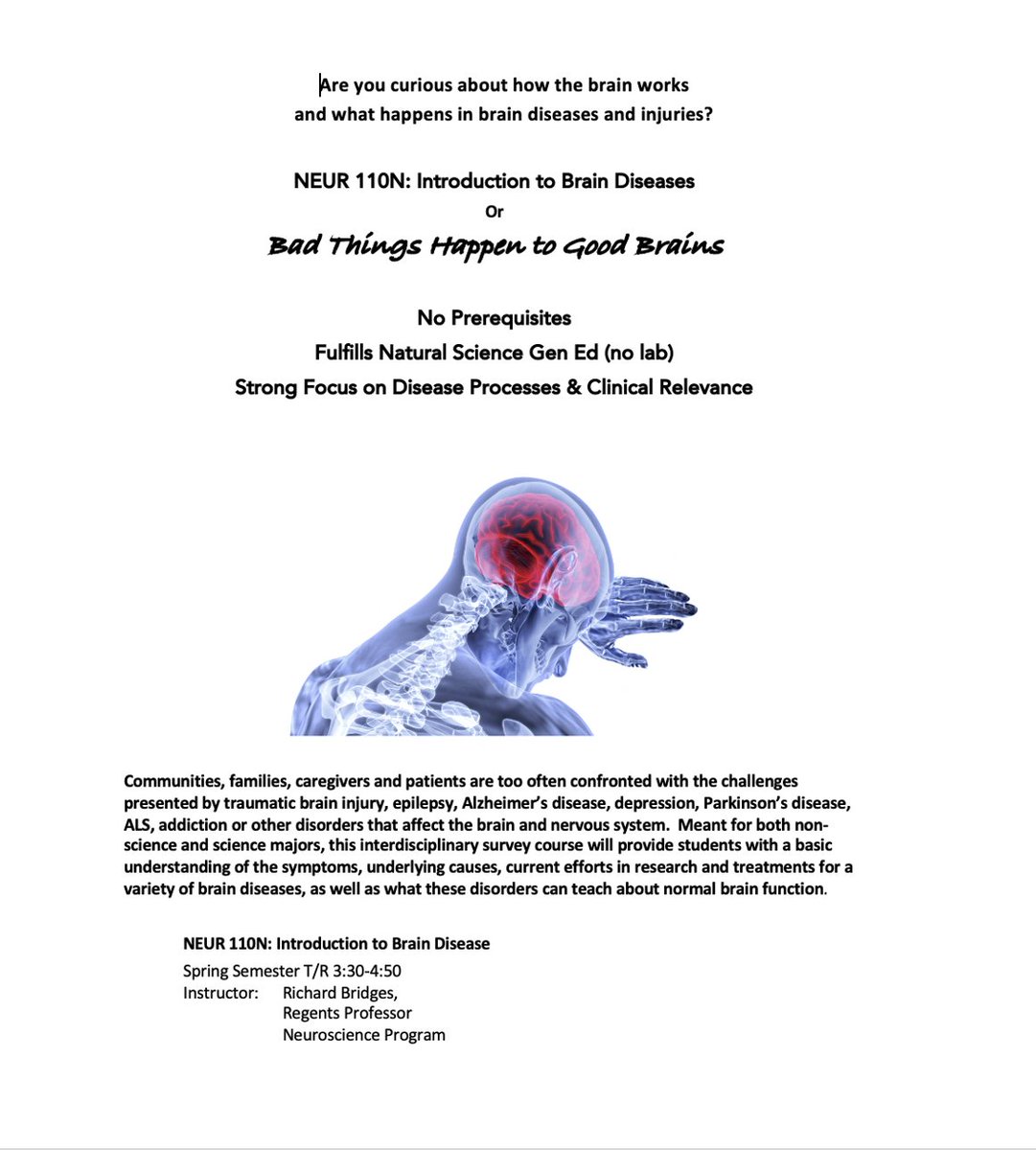Calling ALL <a href="/umontana/">University of Montana</a> students! Looking for a natural science course  to take Spring 2022 with real world application?  Check out NEUR 110N: Introduction to Brain Diseases on T/R from 3:30-4:50 taught by the phenomenal Dr. Rich Bridges.  <a href="/UMontanaHumSci/">UMontana College of Humanities & Sciences</a> #Neuroscience #Brain #MT